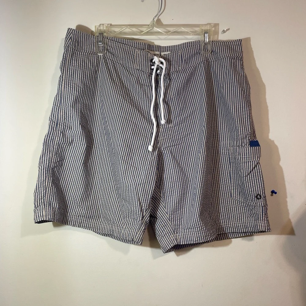 J. By J. CREW Swim Trunks Men's 36 Seer Sucker Built-in Lining Blue White Preppy